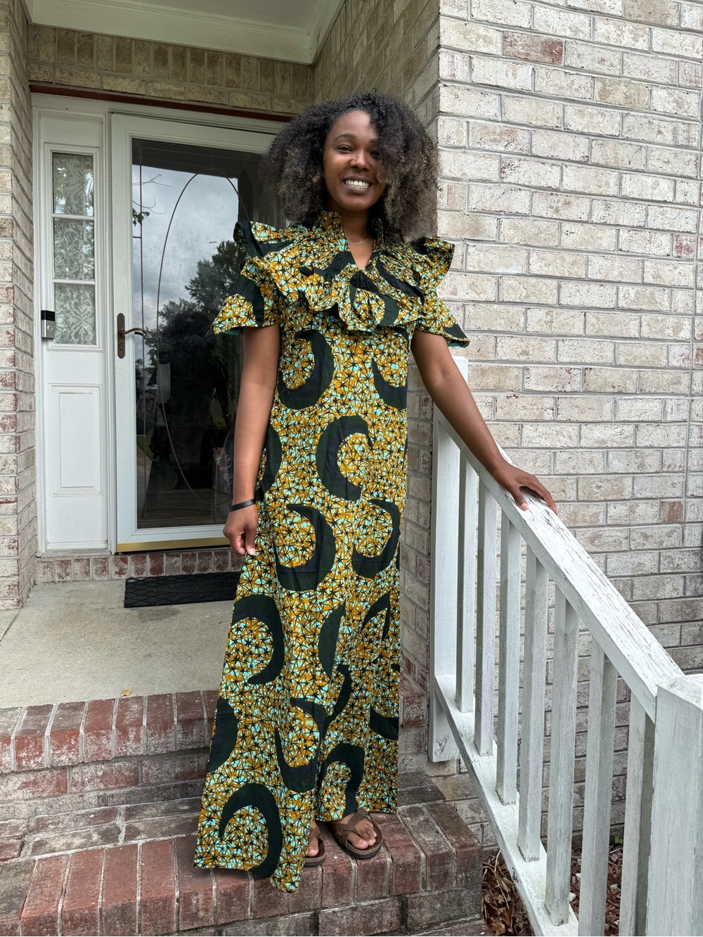 Women’s Green African Wax Print Ankara  Maxi Dress with Ruffled Shoulders